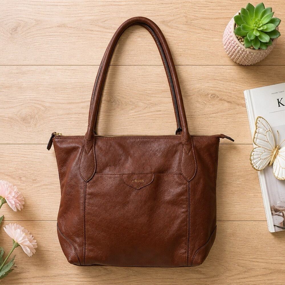 LODIS Sierra Brown 💯 Leather Shoulder Bag Lined Double Handle Tote Purse